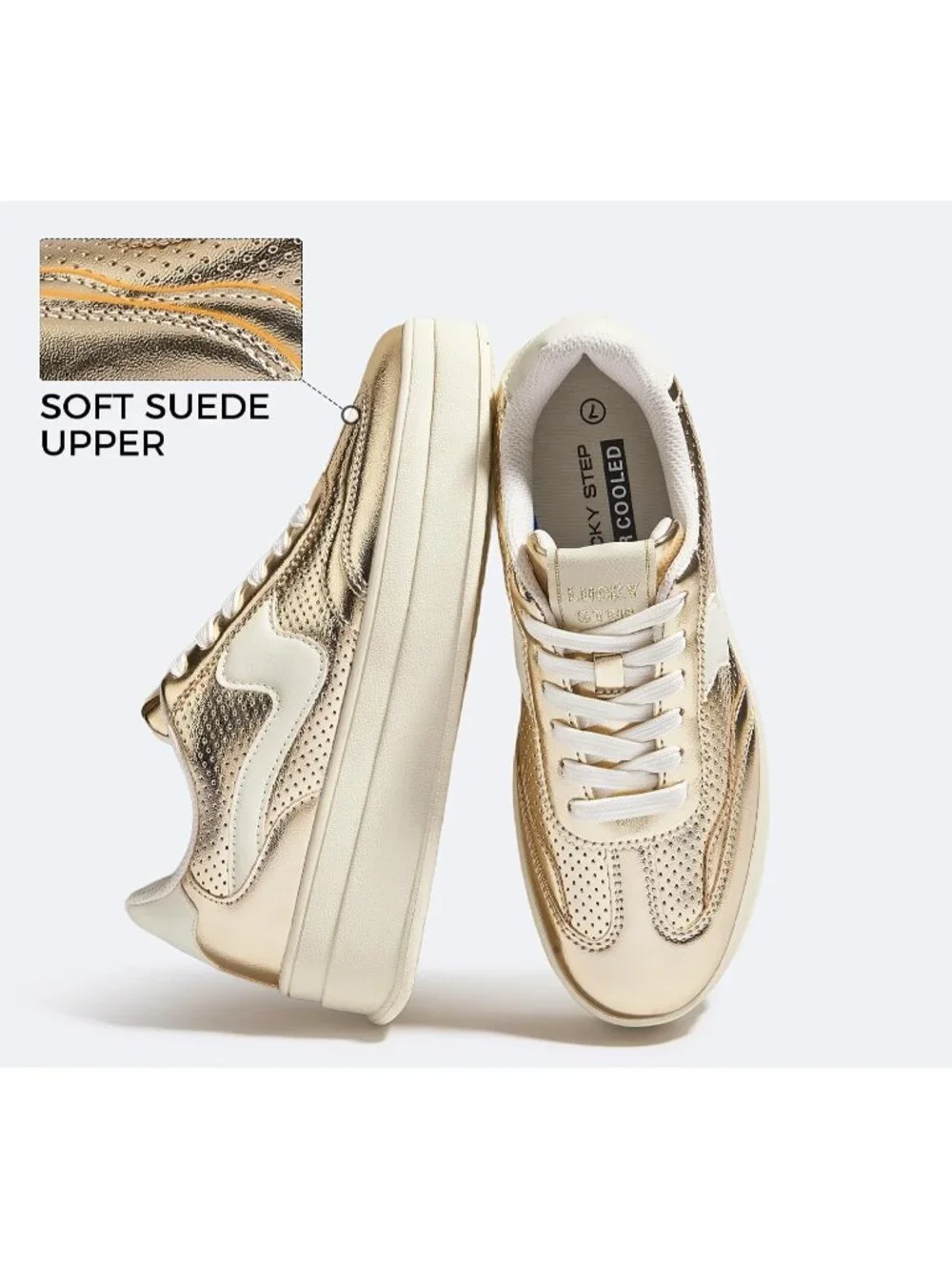 🆕Women's Gold White Platform Fashion Sneakers Thick Sole Casual Walking Shoes